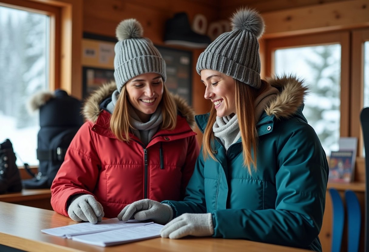 Mère et fille comparant prix de location de skis