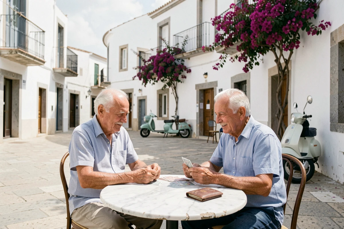 Place pittoresque de Locorotondo dans les Pouilles avec deux hommes âgés jouant aux cartes devant des façades blanches