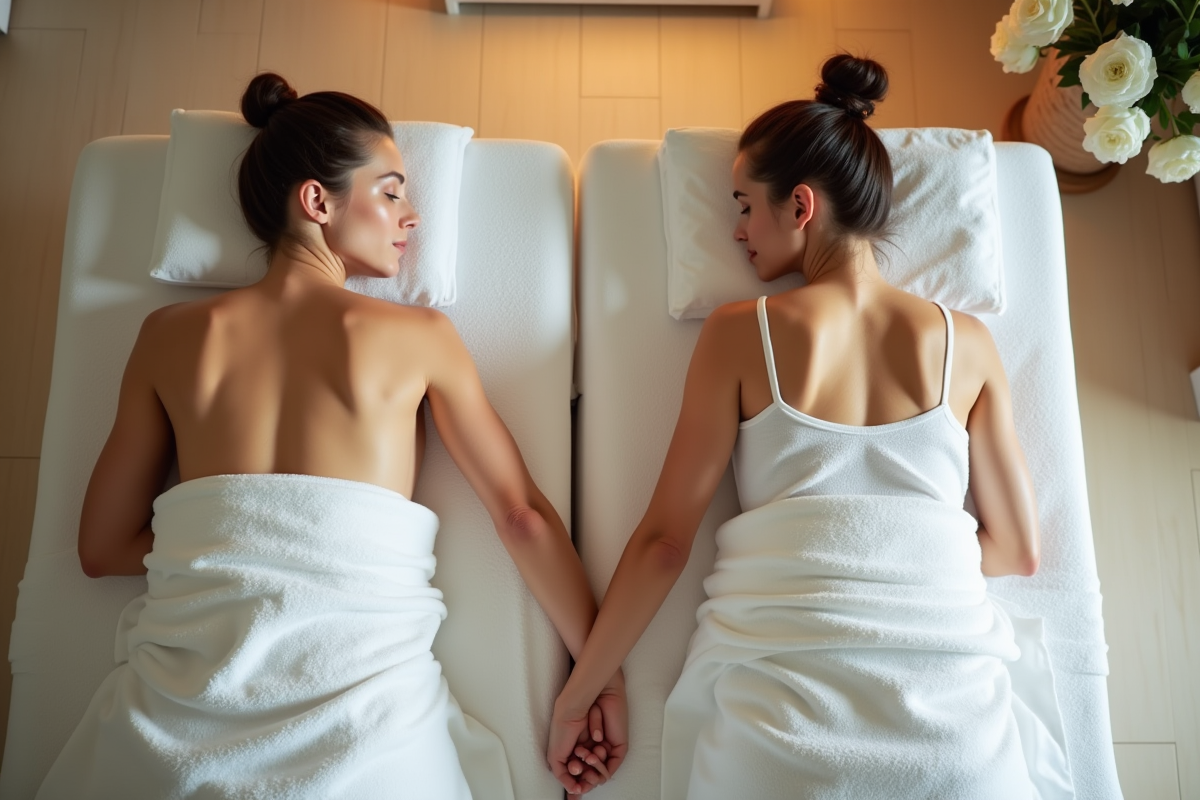 Couple tenant mains sur tables de massage dans un spa lumineux
