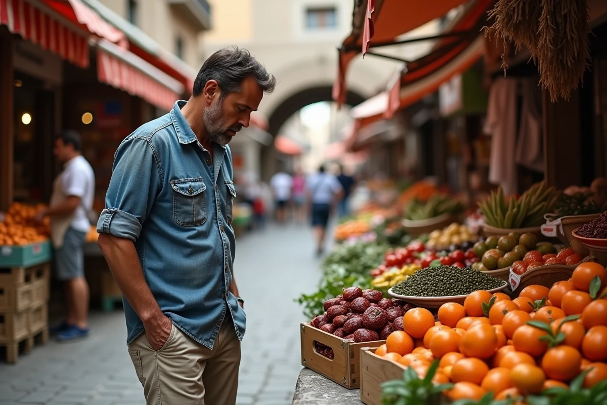 Touriste découvrant les étals colorés du marché de Ballarò à Palerme