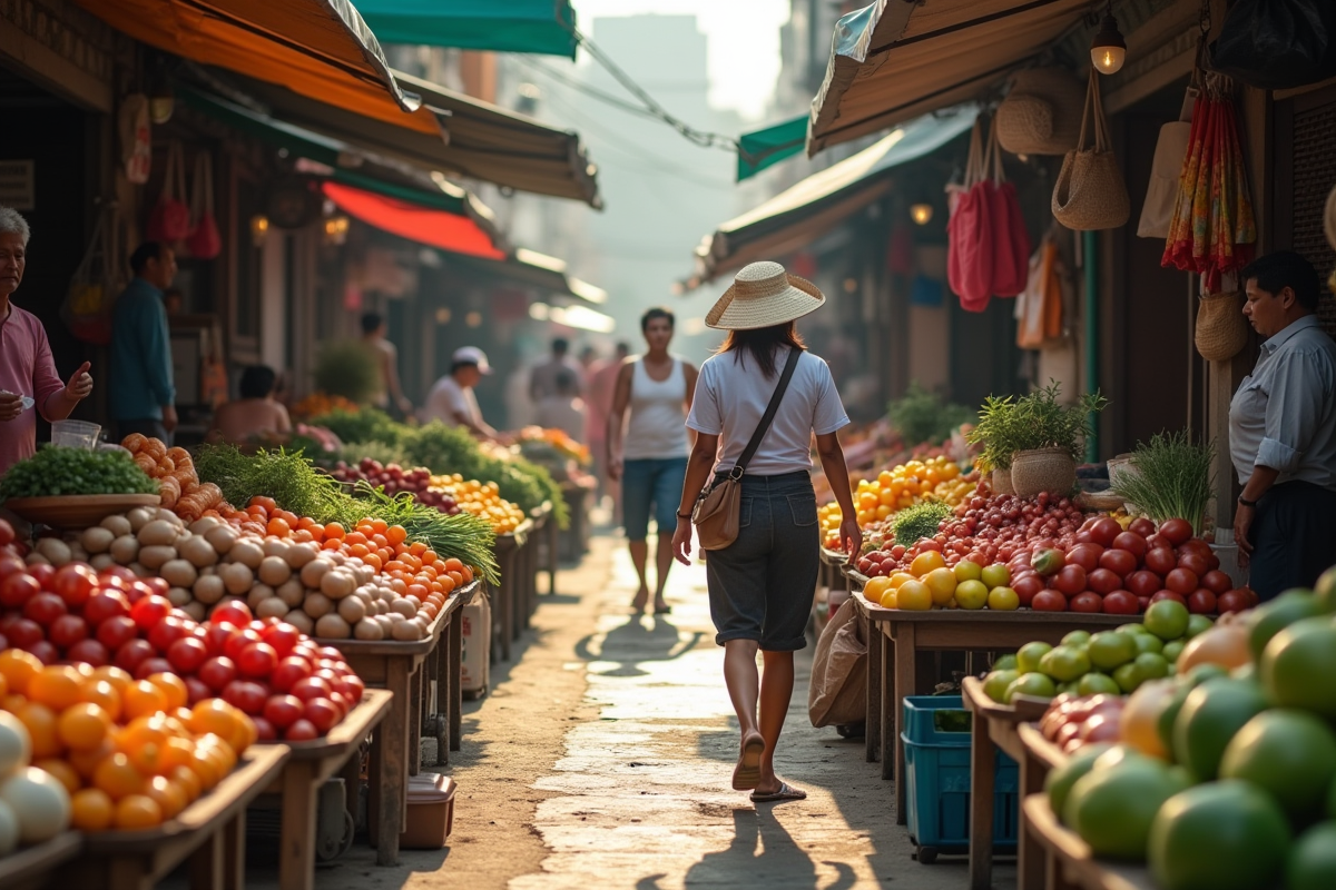 Marché animé en Asie du Sud-Est avec fruits frais