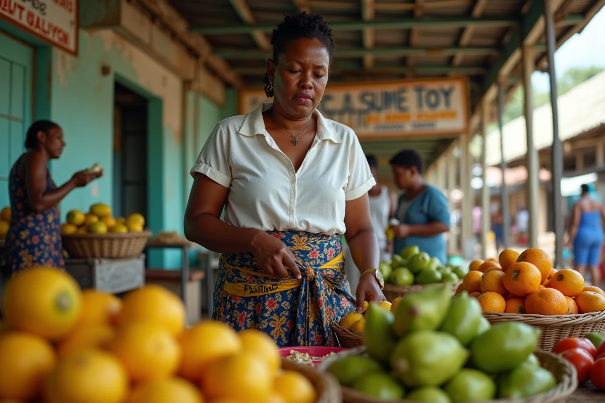 Vendeuse jamaïcaine arrangeant des fruits tropicaux au marché Coronation de Kingston, ambiance locale authentique