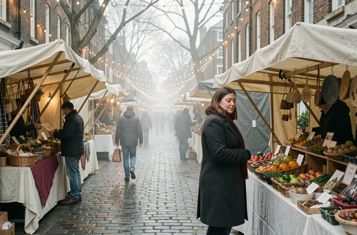Marché de Noël hivernal dans une rue pavée de Dublin avec une femme en manteau de laine parcourant les étals artisanaux sous des guirlandes lumineuses ambrées