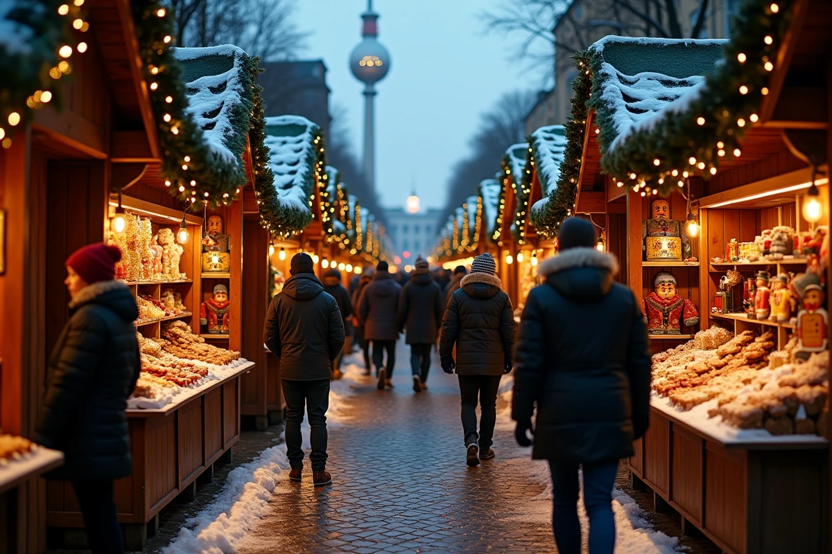 Allée animée d'un marché de Noël berlinois à Alexanderplatz avec chalets en bois et légère neige au sol
