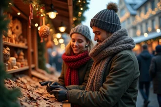 Couple visitant un marché de Noël berlinois au Gendarmenmarkt avec stands en bois et décorations artisanales