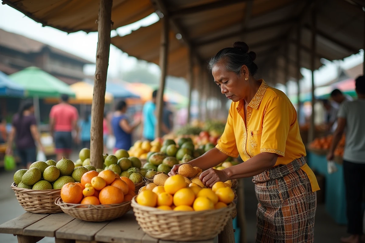 Vendeuse balinaise présentant des fruits tropicaux sur son étal dans un marché traditionnel matinal à Bali