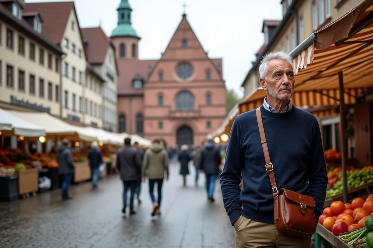 Place du marché de Heidelberg avec l'église du Saint-Esprit et les étals de marché animés