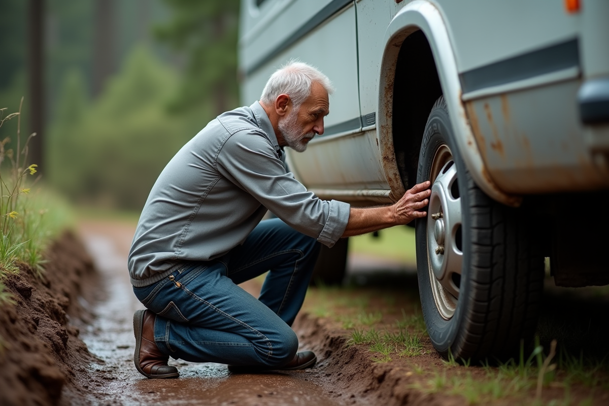 Mecanicien inspectant le pneu d’un camping-car