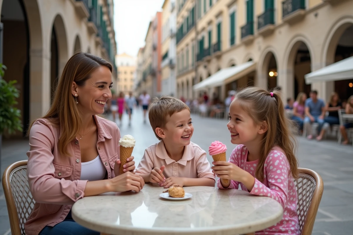 Mère et enfants dégustant une glace sur le Stradun de Dubrovnik en famille