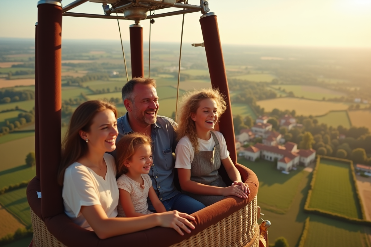 Famille dans une montgolfiere survolant la campagne française