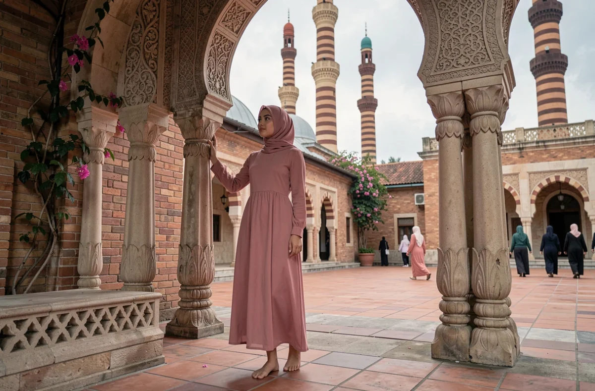 Voyageuse en tenue respectueuse à l'entrée de la mosquée Masjid Jamek à Kuala Lumpur