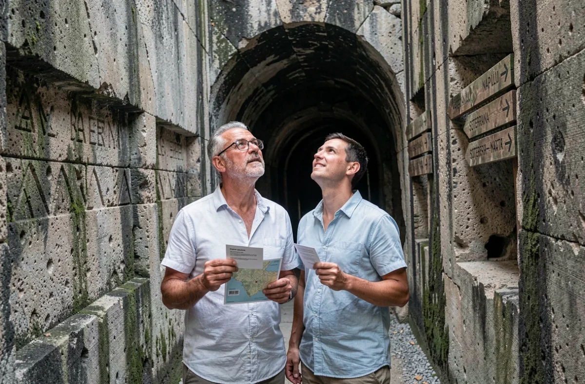 Couple de voyageurs explorant les tunnels souterrains de Napoli Sotterranea pour une entrée à prix abordable