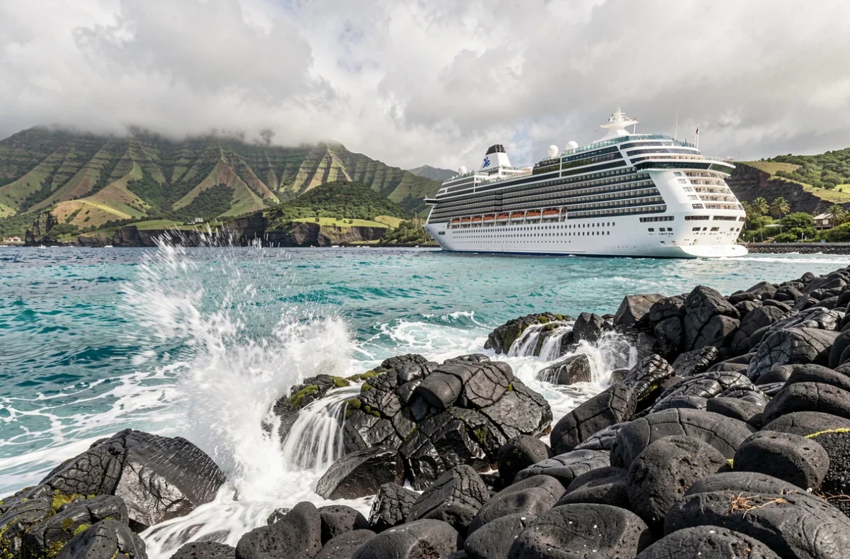 Bateau de croisière ancré au large de la côte volcanique de Saint-Pierre à l'île de la Réunion avec des rochers de lave en premier plan
