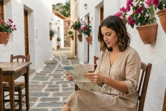 Voyageuse consultant une carte dans une taverne en pierre traditionnelle en Crète, Grèce, pour organiser son séjour sur mesure