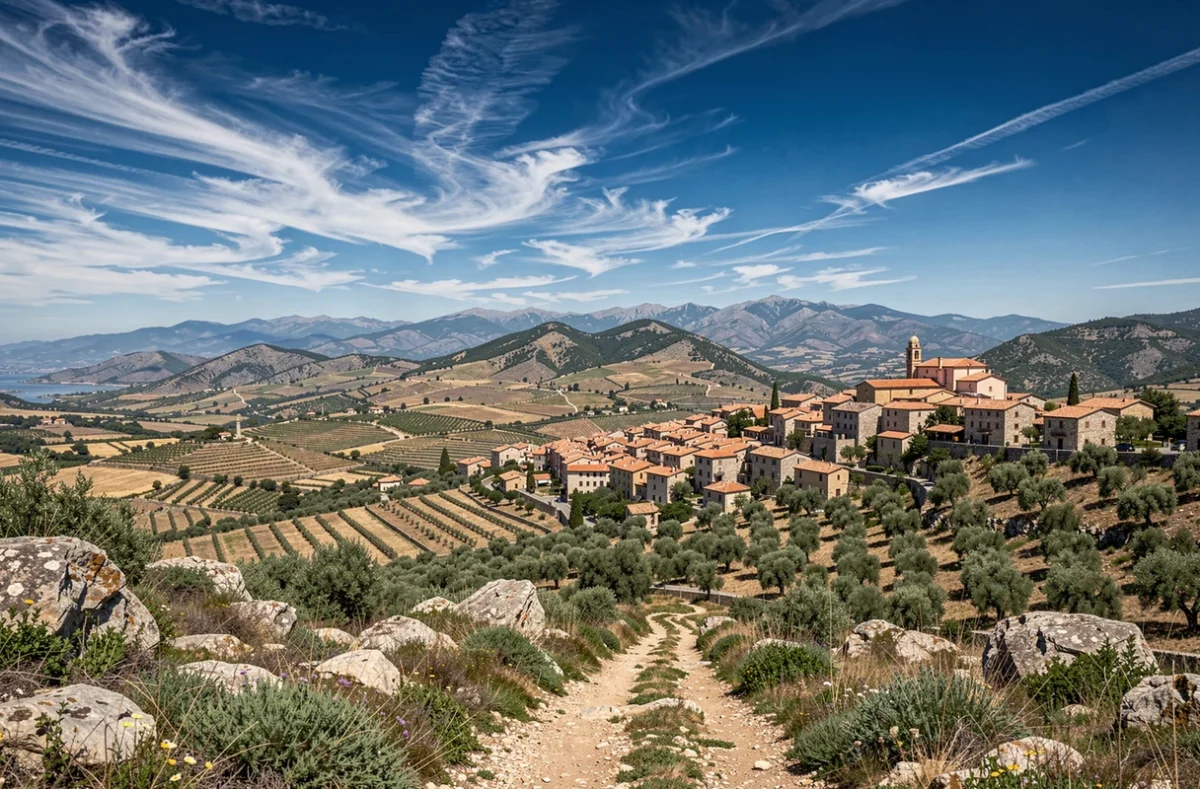 Vue panoramique du village de Corleone perché sur les collines siciliennes entouré d'oliveraies