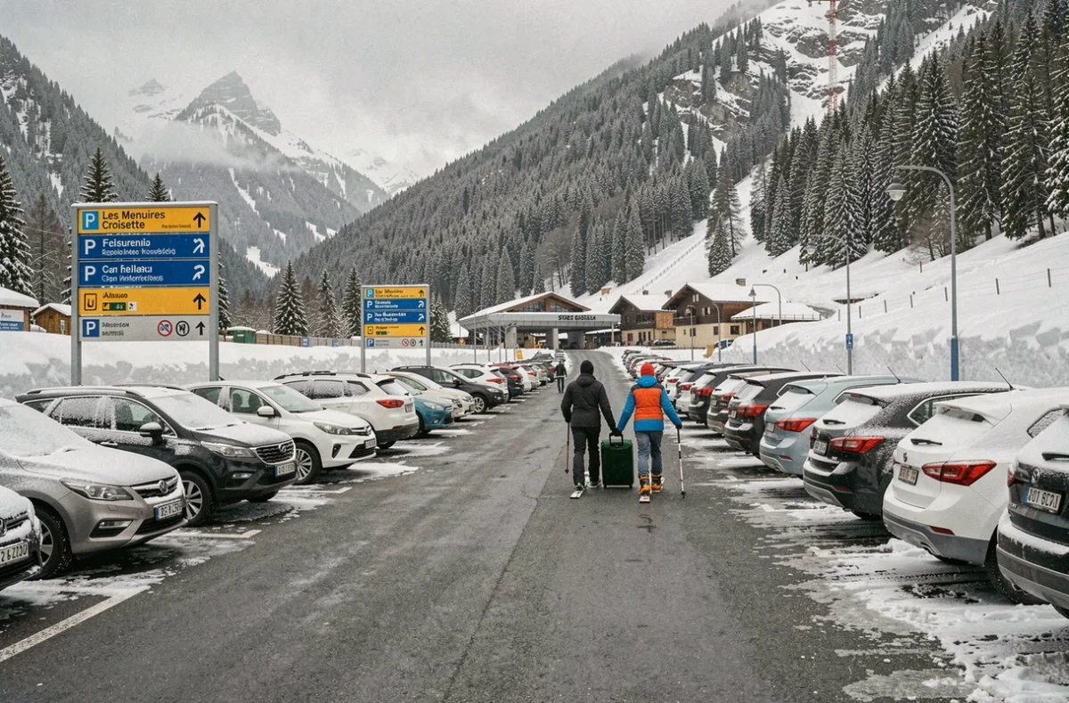 Parking de la Croisette aux Menuires avec familles en équipement de ski et panneaux de signalisation