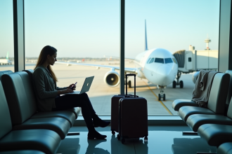Personne dans un salon d'aéroport utilisant un ordinateur portable