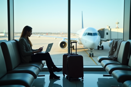 Personne dans un salon d'aéroport utilisant un ordinateur portable