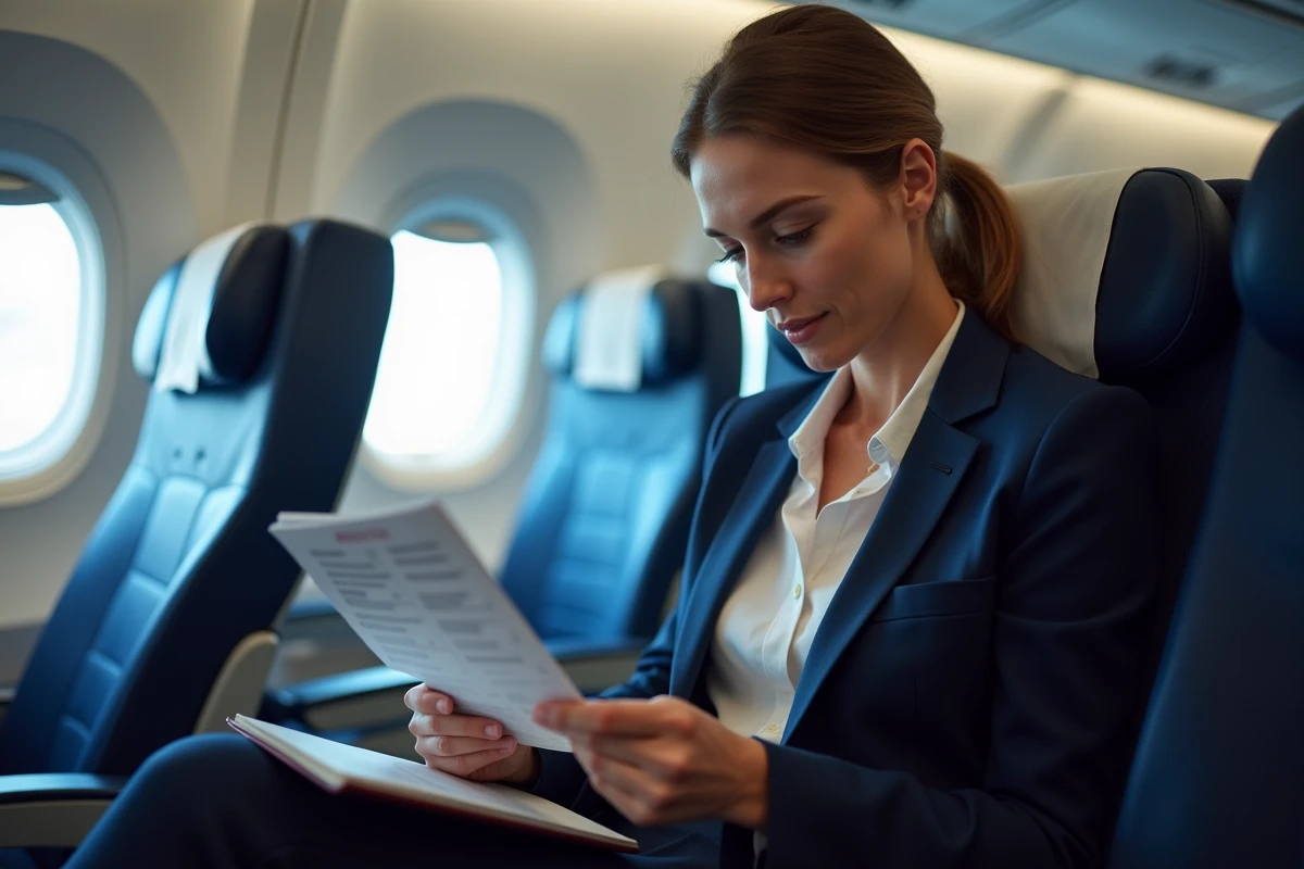 Passagère Delta Air Lines en cabine économique évaluant son billet et carnet de voyage, illustrant le rapport qualité-prix de la compagnie