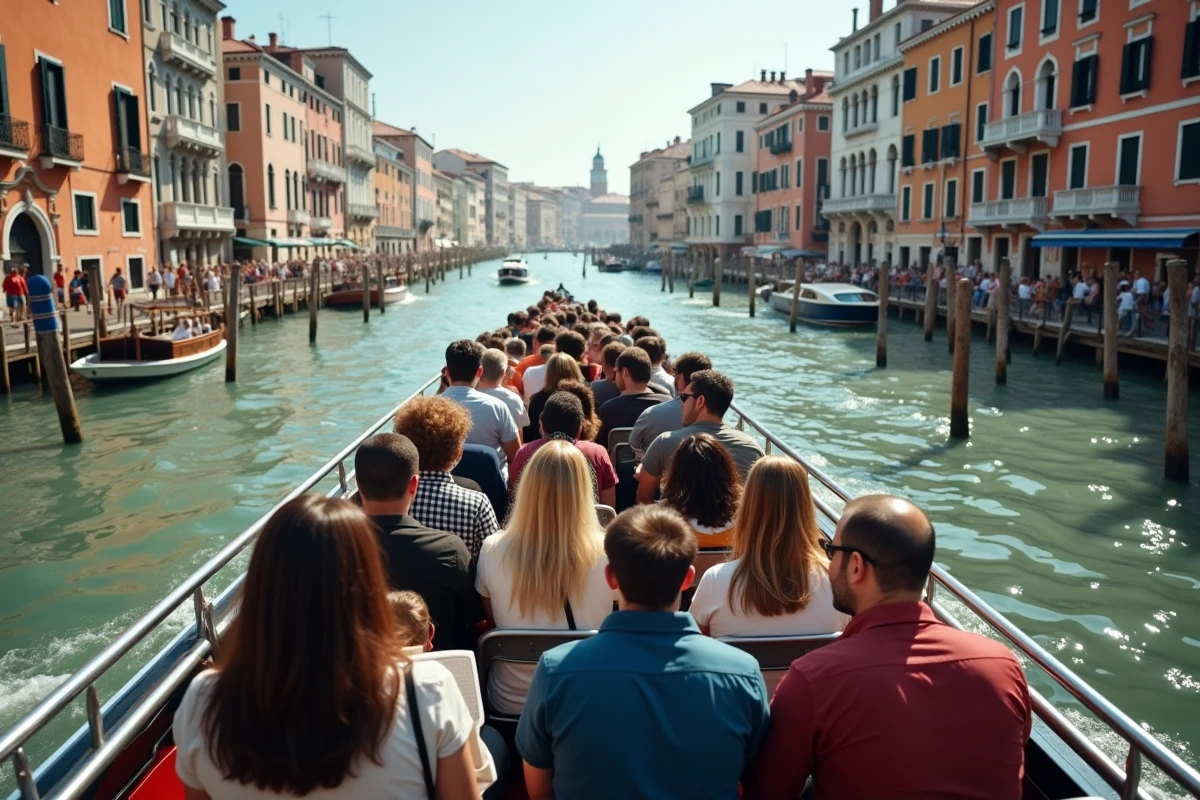 Passagers à bord d'un vaporetto traversant le Grand Canal de Venise