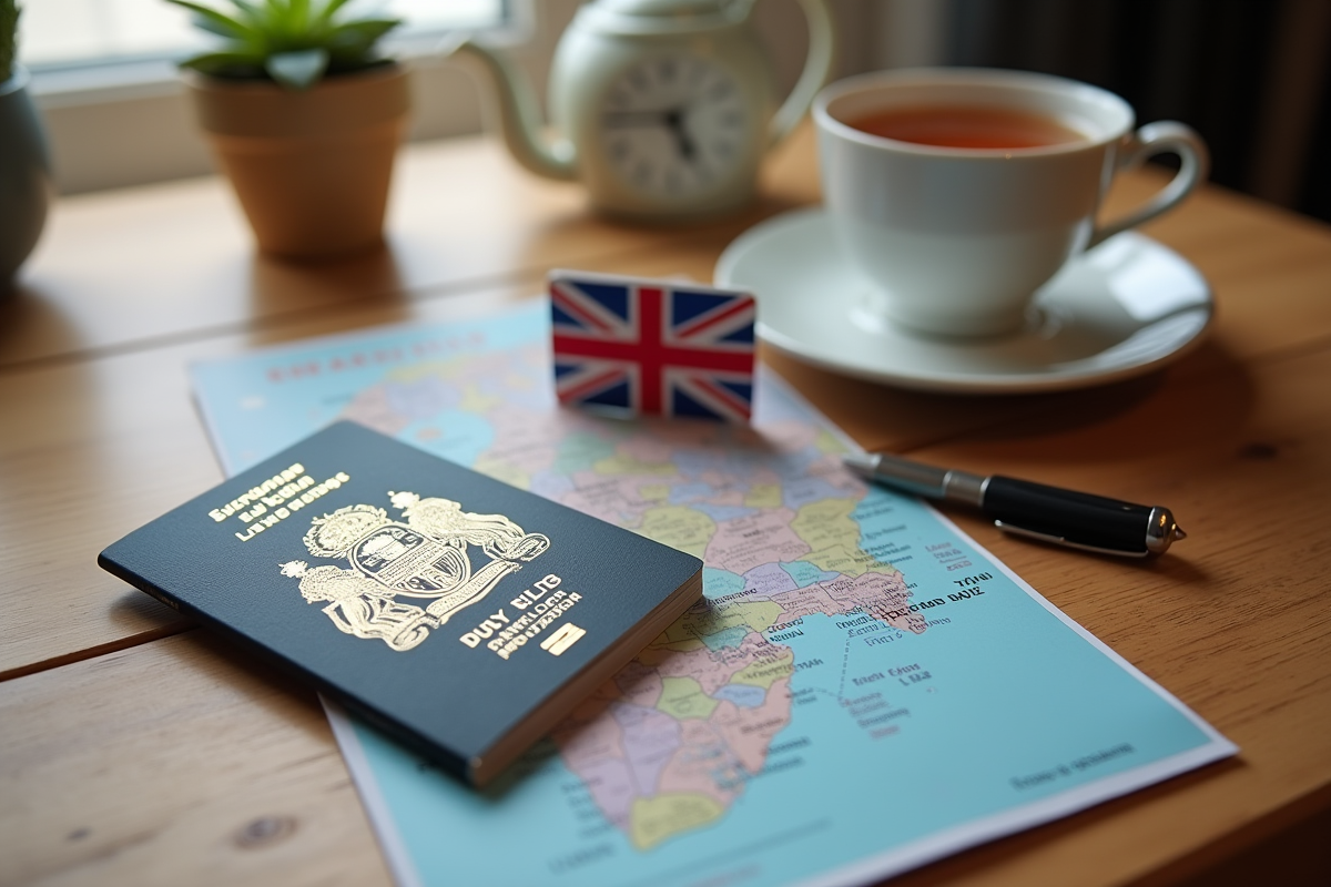 Passeport européen visa britannique et documents de voyage sur une table