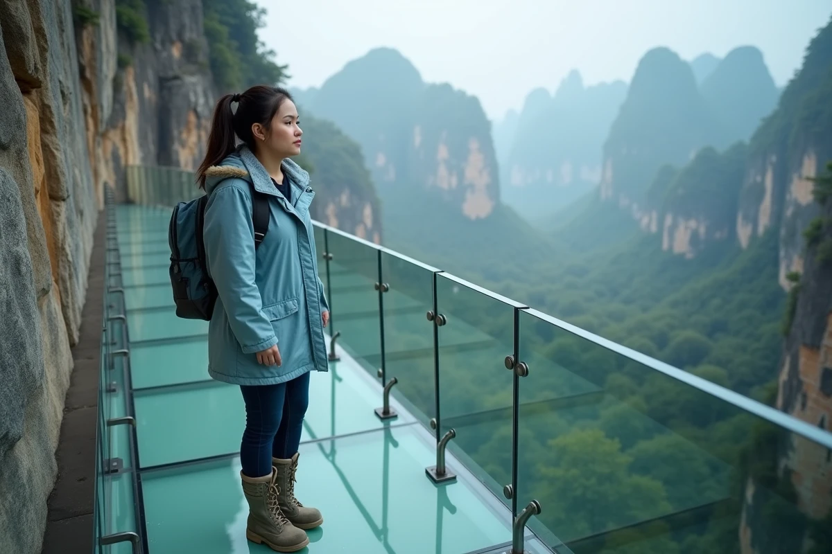 Touriste sur la passerelle en verre de la falaise de Tianmen Mountain avec vue vertigineuse sur la vallée de Zhangjiajie
