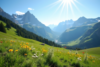 Paysage alpin à La Clusaz en été avec montagnes et prairies