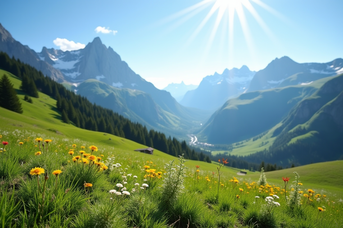 Paysage alpin à La Clusaz en été avec montagnes et prairies