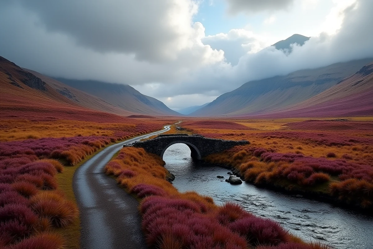Paysage des Highlands écossais avec collines de bruyère violette, route sinueuse et ciel nuageux dramatique