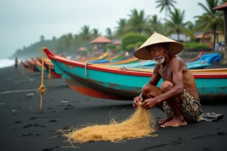 Pêcheur balinais répare ses filets sur la plage de Lovina avec des bateaux traditionnels jukung sur le sable volcanique noir
