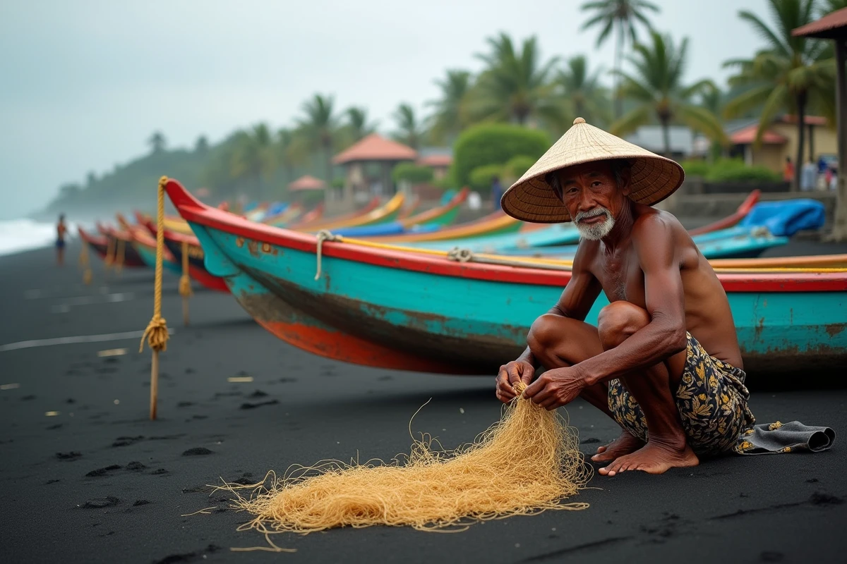 Pêcheur balinais répare ses filets sur la plage de Lovina avec des bateaux traditionnels jukung sur le sable volcanique noir
