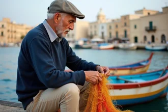 Pêcheur maltais réparant un filet de pêche traditionnel