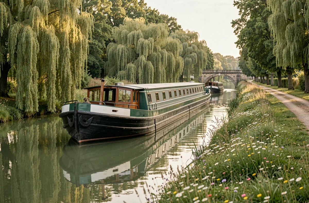 Péniche traditionnelle naviguant sur un canal verdoyant en Bourgogne entourée de saules pleureurs