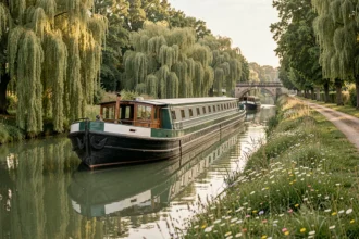 Péniche traditionnelle naviguant sur un canal verdoyant en Bourgogne entourée de saules pleureurs