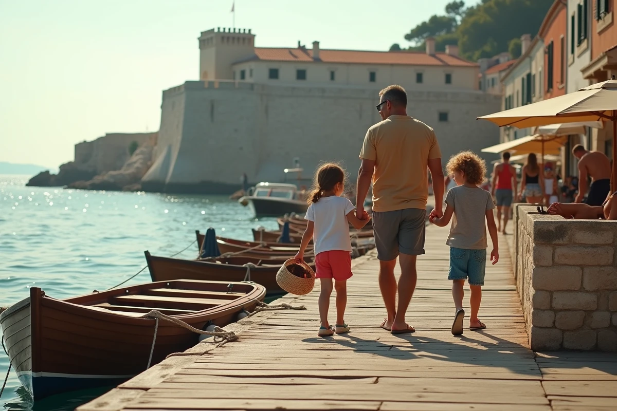 Père et enfants embarquant sur le ferry vers l'île de Lokrum depuis le vieux port de Dubrovnik