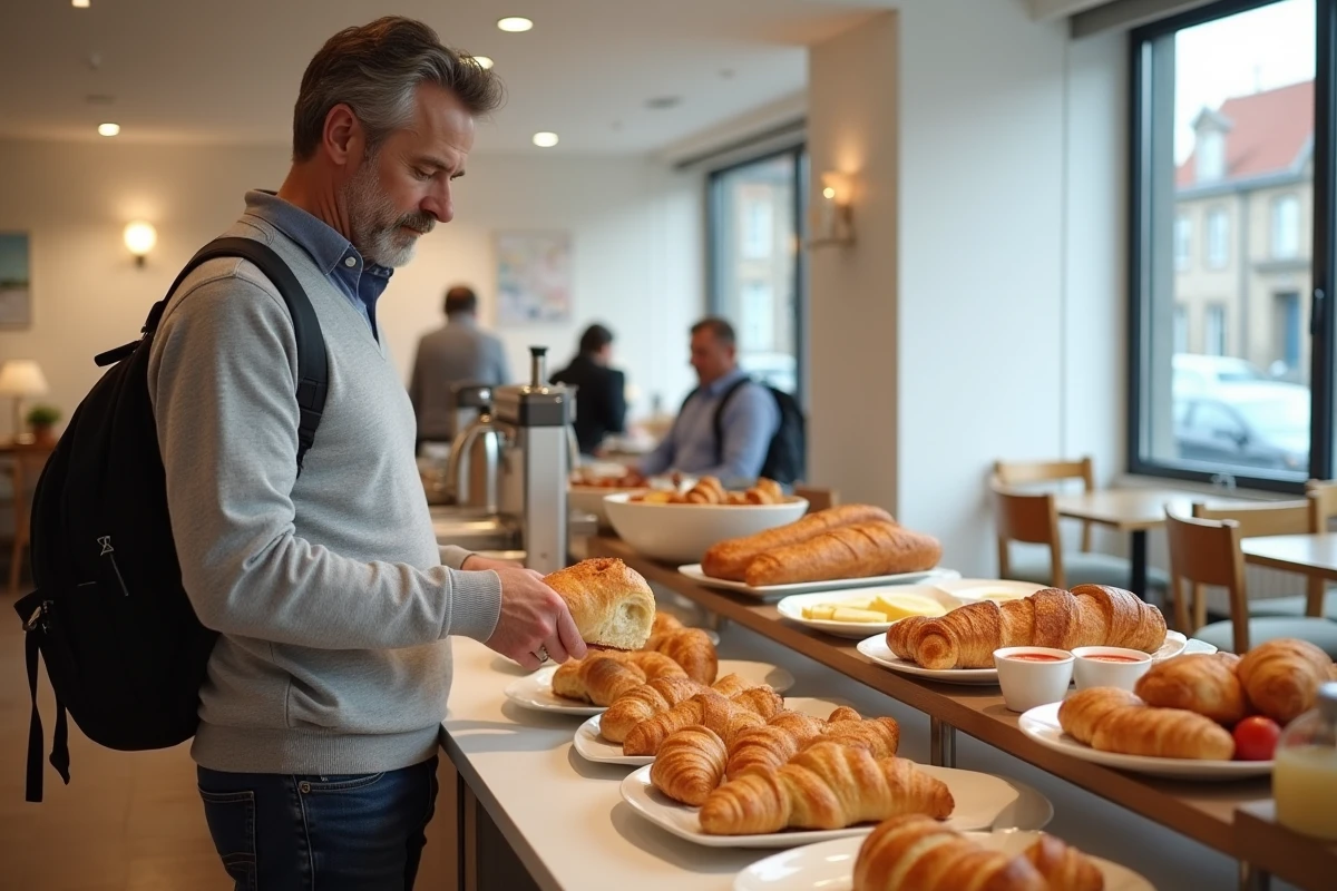 Buffet petit-déjeuner continental à l'hôtel ibis de Fécamp avec voyageur sélectionnant un croissant