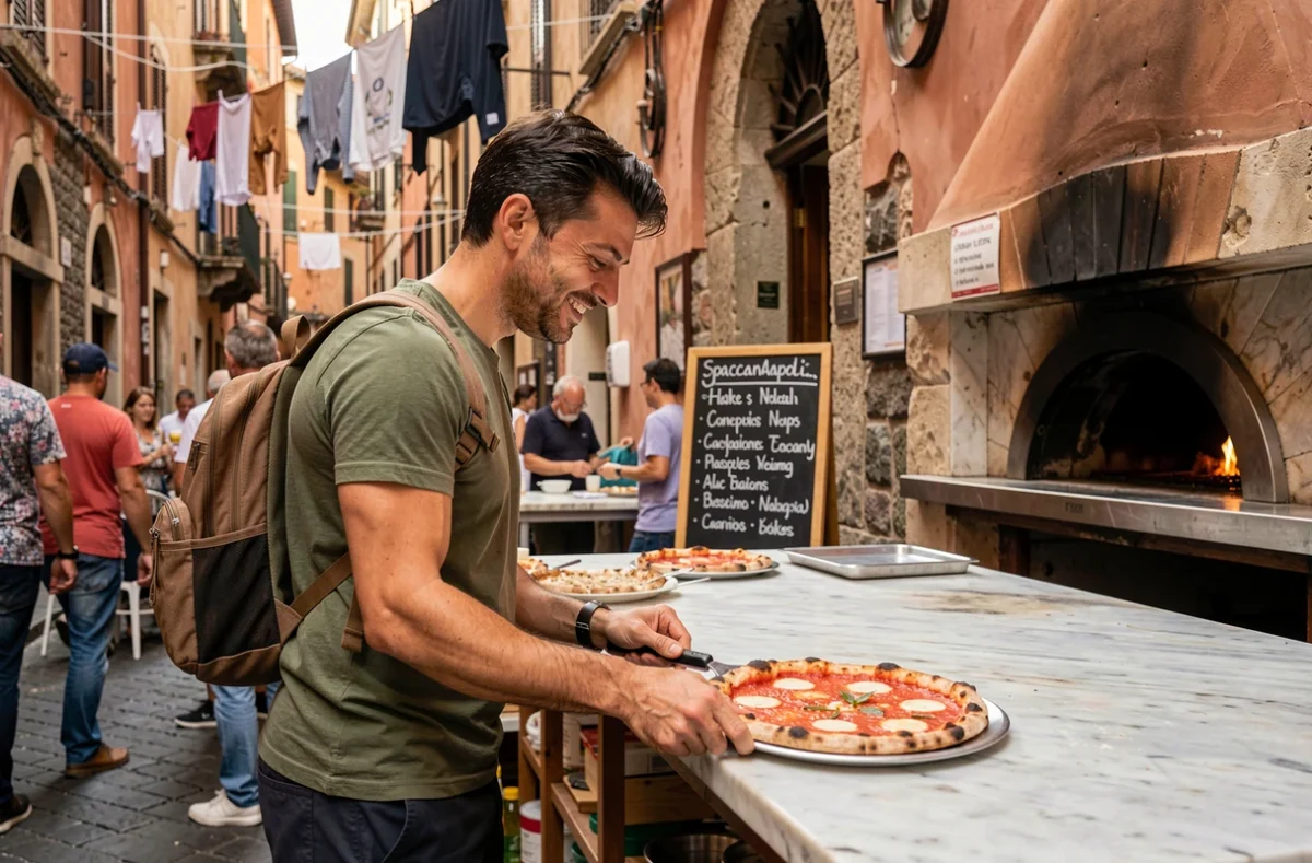 Voyageur commandant une pizza margherita dans une pizzeria traditionnelle bon marché du quartier Spaccanapoli à Naples