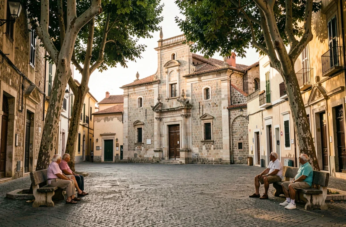 La place principale de Corleone en Sicile avec son église baroque et ses habitants locaux assis sur des bancs en pierre