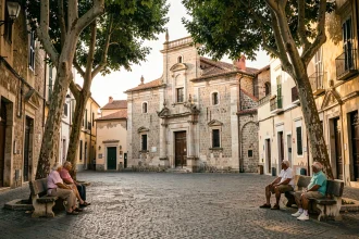 La place principale de Corleone en Sicile avec son église baroque et ses habitants locaux assis sur des bancs en pierre