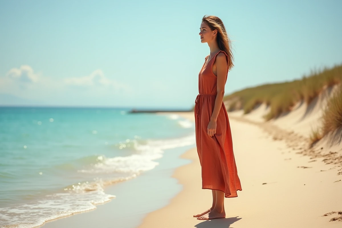 Femme sur une plage de sable fin de la côte sud de la Sicile près de Raguse, regardant la mer turquoise