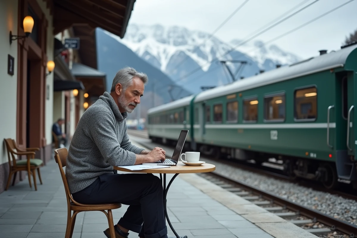 Voyageur planifiant son itinéraire Eurail Pass dans un café de gare alpine avec vue sur les montagnes