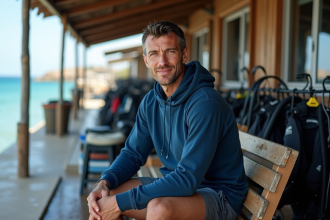 Plongeur détendu près de la mer avec équipement de plongée