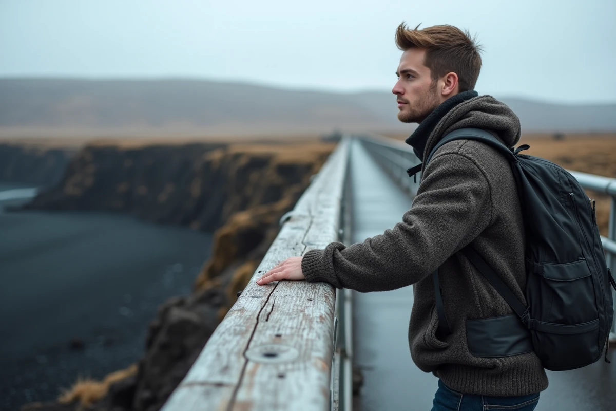 Jeune homme sur le pont entre les continents en Islande