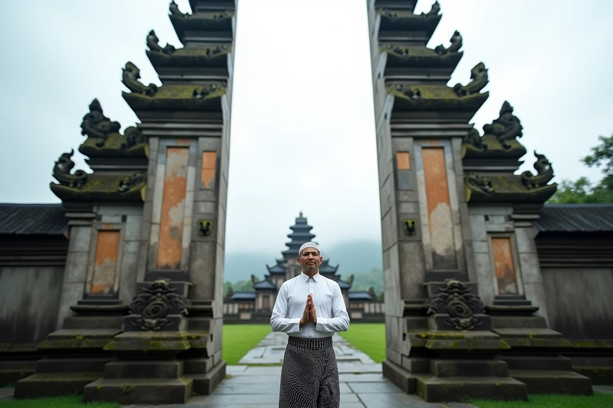 Homme balinais en tenue traditionnelle priant devant le portail en pierre de lave du temple royal de Taman Ayun à Mengwi, Bali