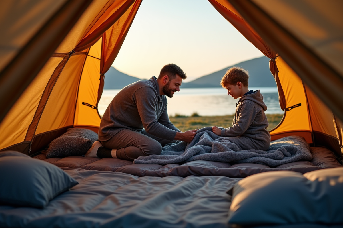 Homme et enfant préparant leur couchage au bord du lac
