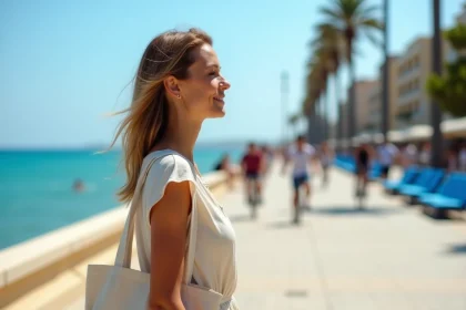 Femme se promenant sur la Promenade des Anglais à Nice avec vue sur la mer Méditerranée