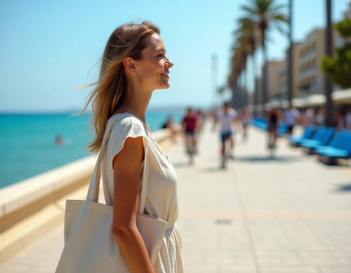 Femme se promenant sur la Promenade des Anglais à Nice avec vue sur la mer Méditerranée