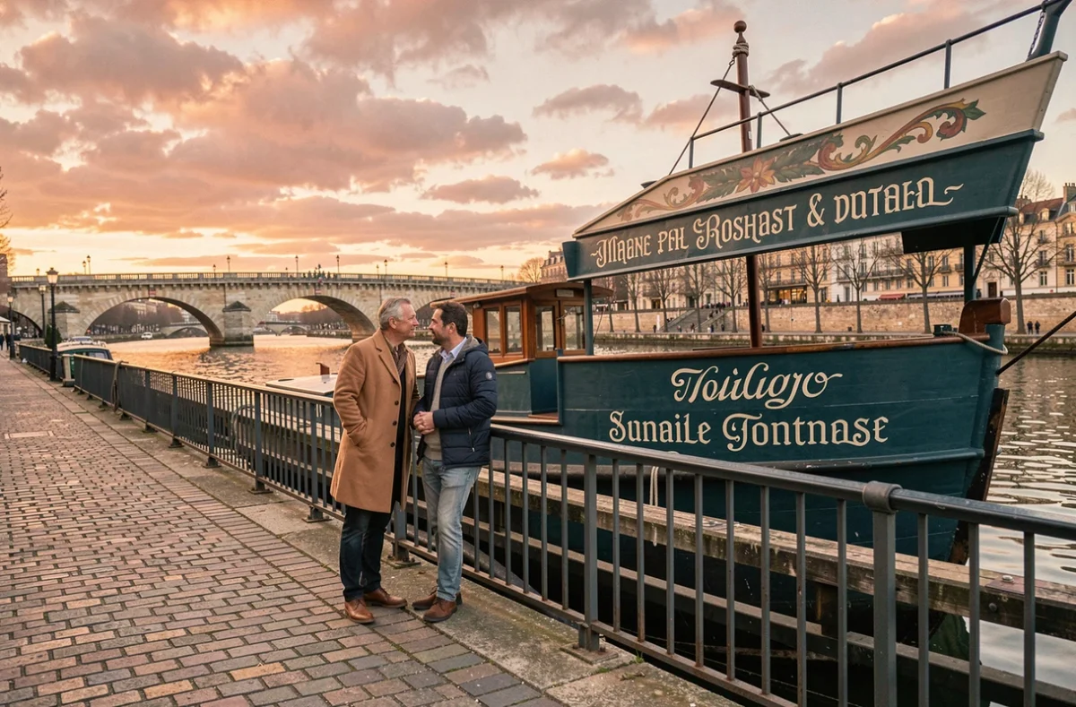 Couple se promenant au coucher du soleil sur les quais de Toulouse devant une péniche amarrée aux couleurs vives