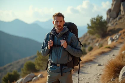 Homme randonneur ajustant son sac en montagne Corse