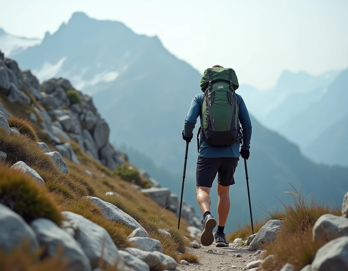 Randonneur avec un grand sac à dos technique sur un sentier de trek en montagne alpine